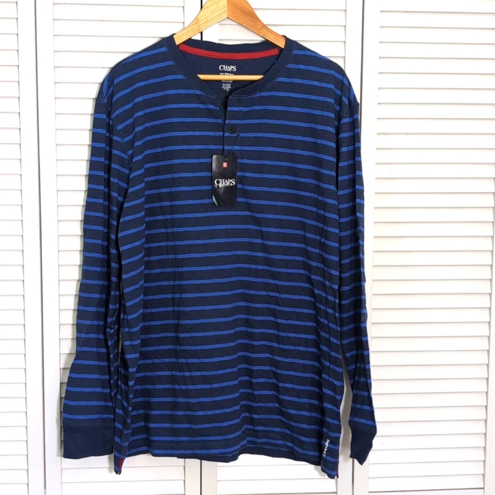 Chaps Blue & Light Blue Striped 3 Buttons On Front Pullover Long Sleeve Size XXL